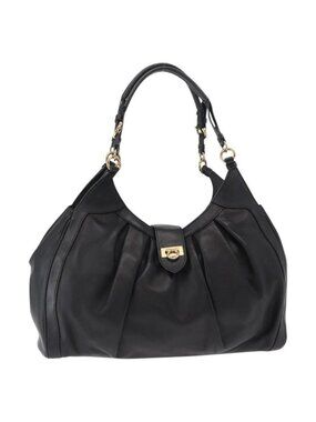 Authentic Salvatore Ferragamo Gancini Shoulder Bag Leather Black Gold